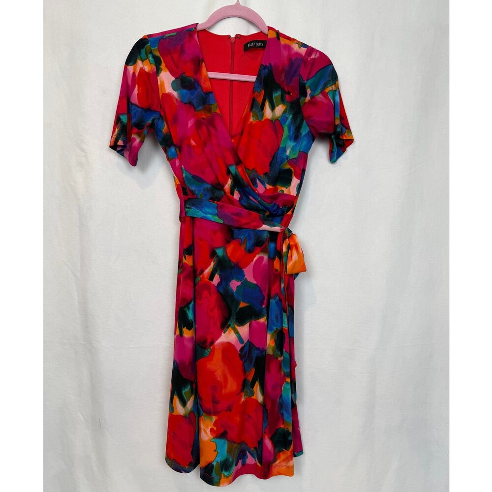 Ellen Tracy Bold Abstract Floral Wrap Dress V-Neck Tie Waist Size 2